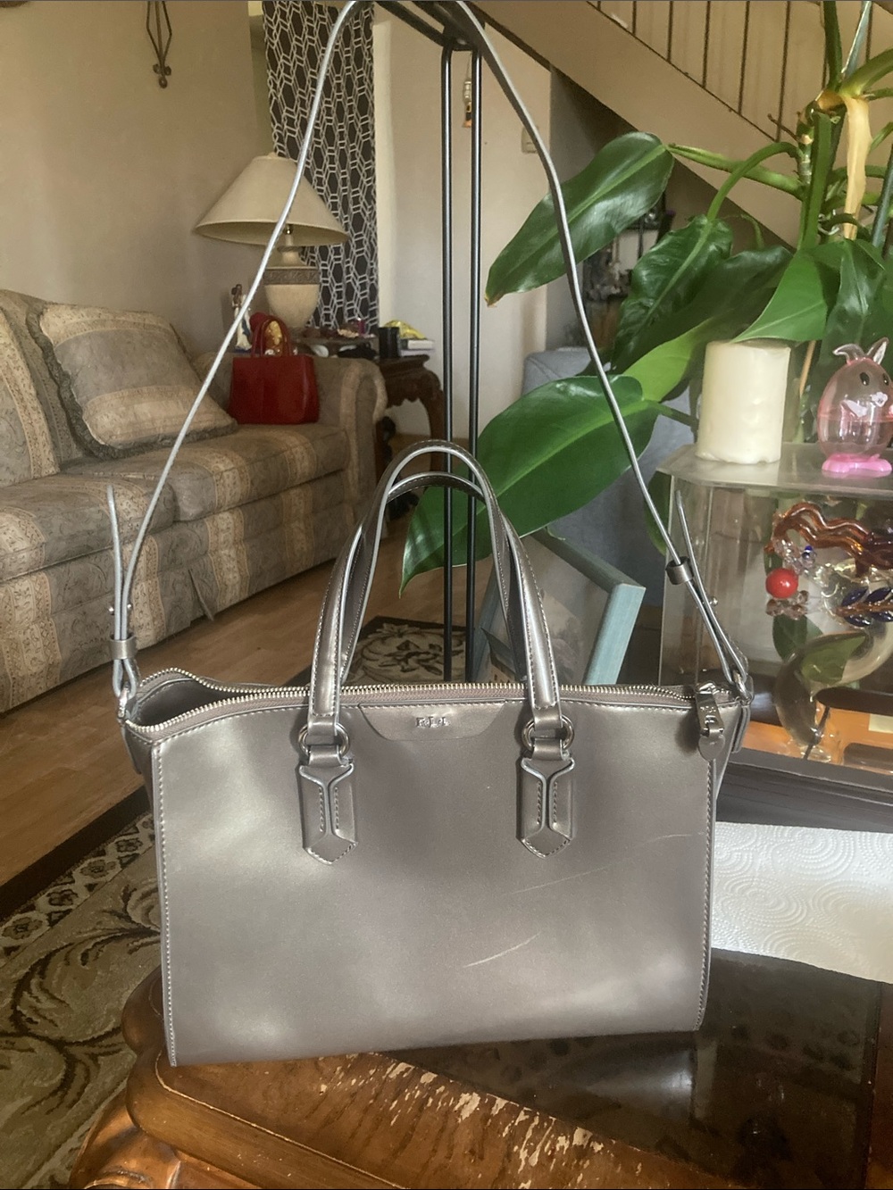 Ralph Lauren Double RL Metallic Gray Leather Satchel